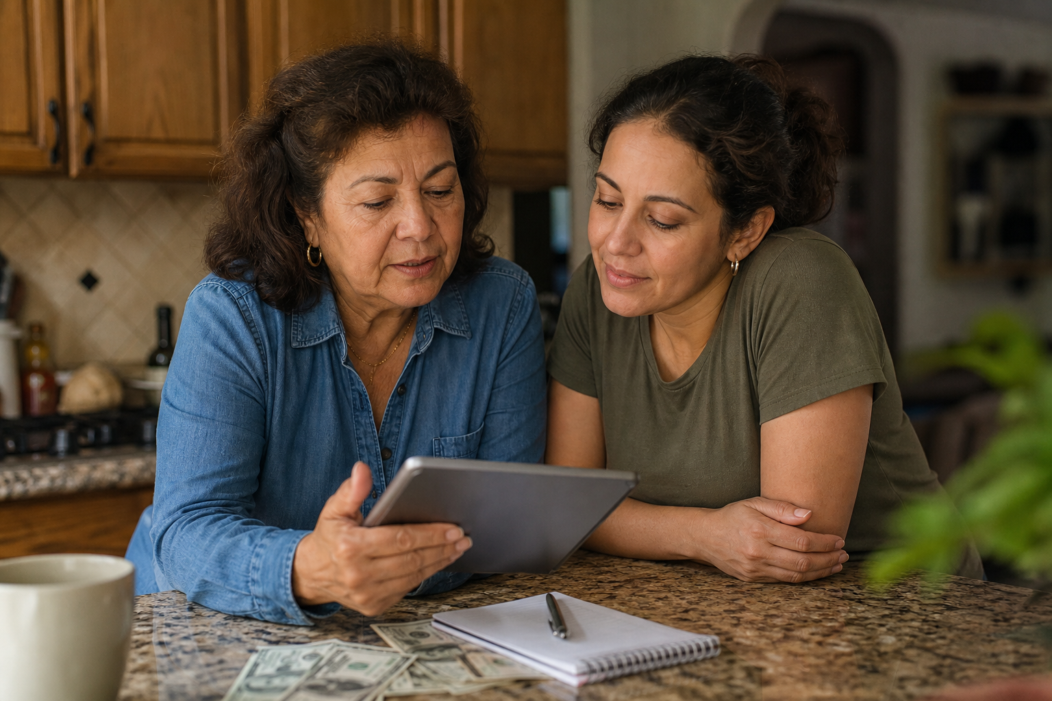 Texas family reviewing daily prepaid electricity usage on a tablet at the kitchen counter