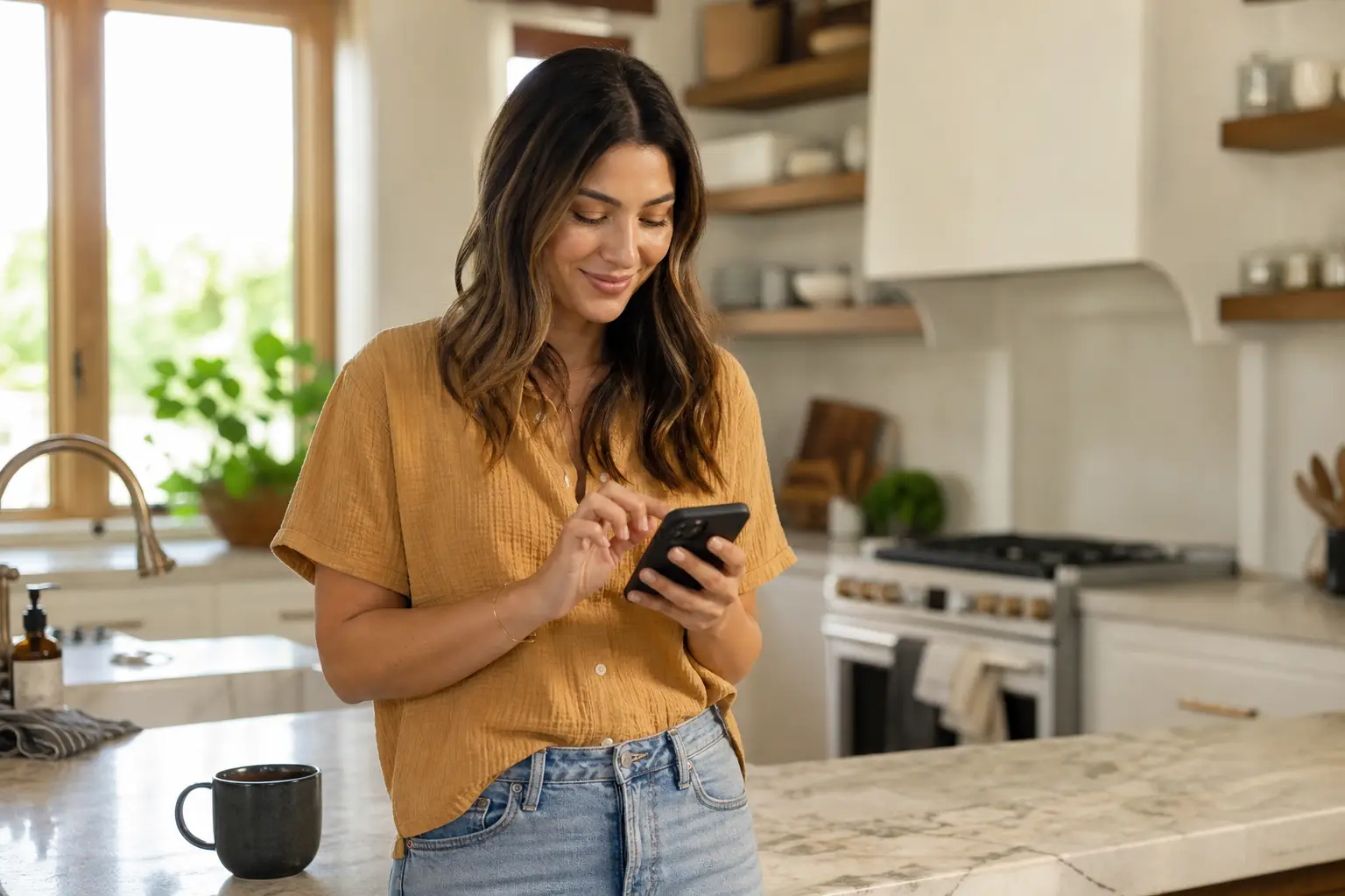 Texas customer adding funds to her prepaid electricity balance on her phone in the kitchen