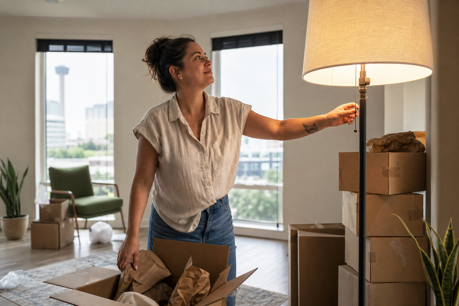 Woman turning on a lamp in a texas apartment on move-in day after same day electricity service