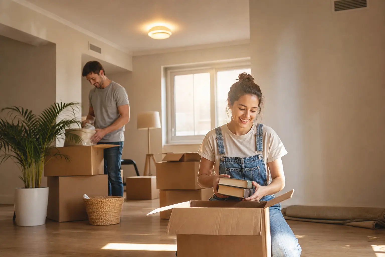 Couple unpacking in a new home with the lights already on the day they moved in