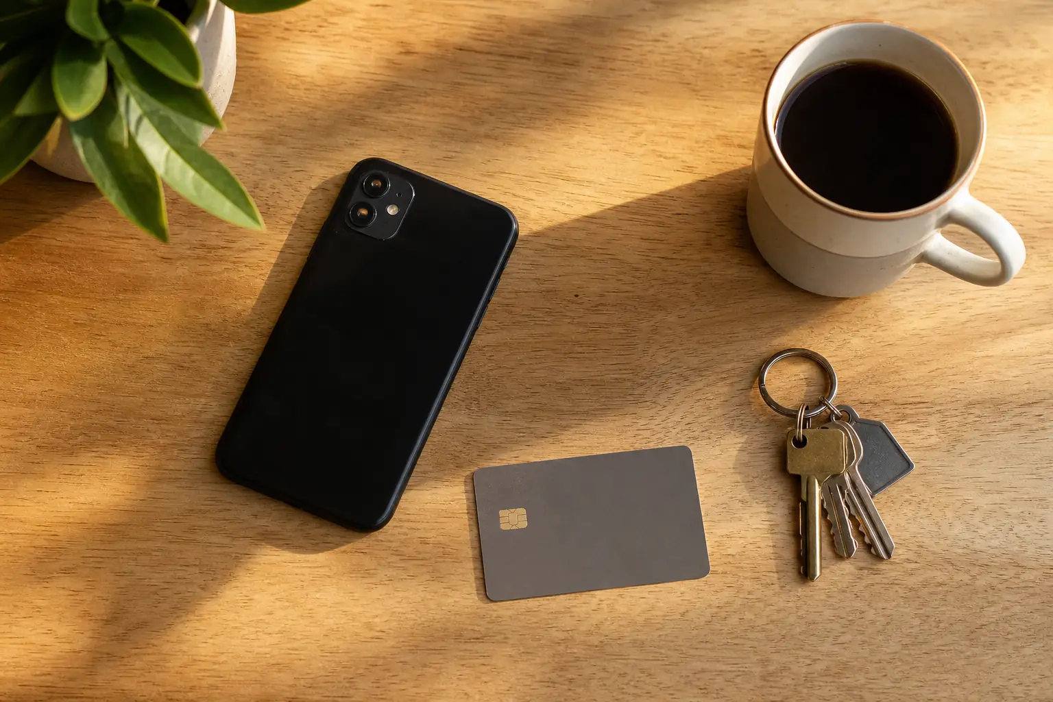 Debit card, phone and house keys on a table, ready to top up a prepaid electricity account