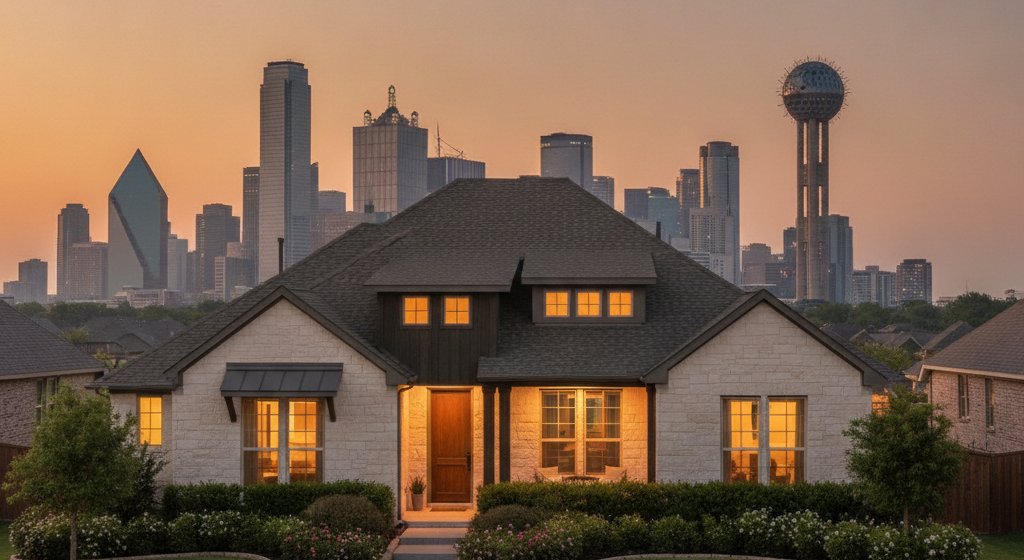 Modern dallas home glowing at dusk with the downtown skyline and reunion tower behind it