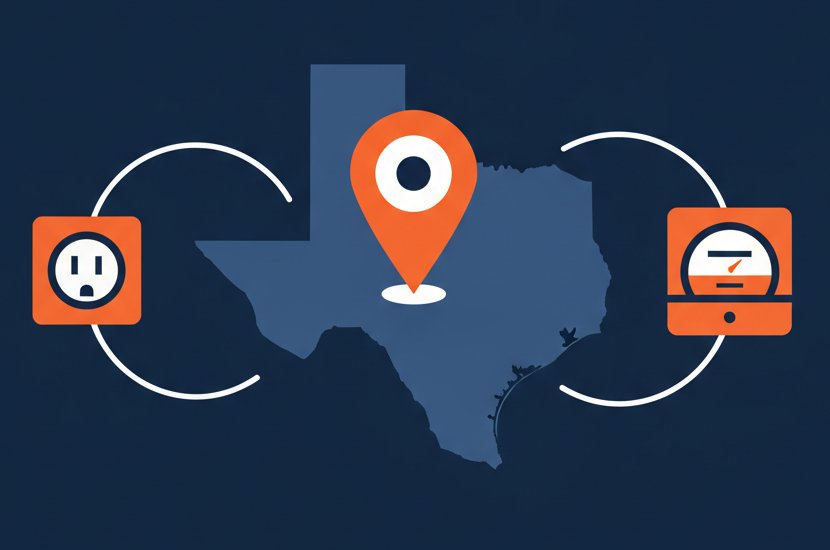 Illustration of texas with a location pin, a wall outlet and an electric meter