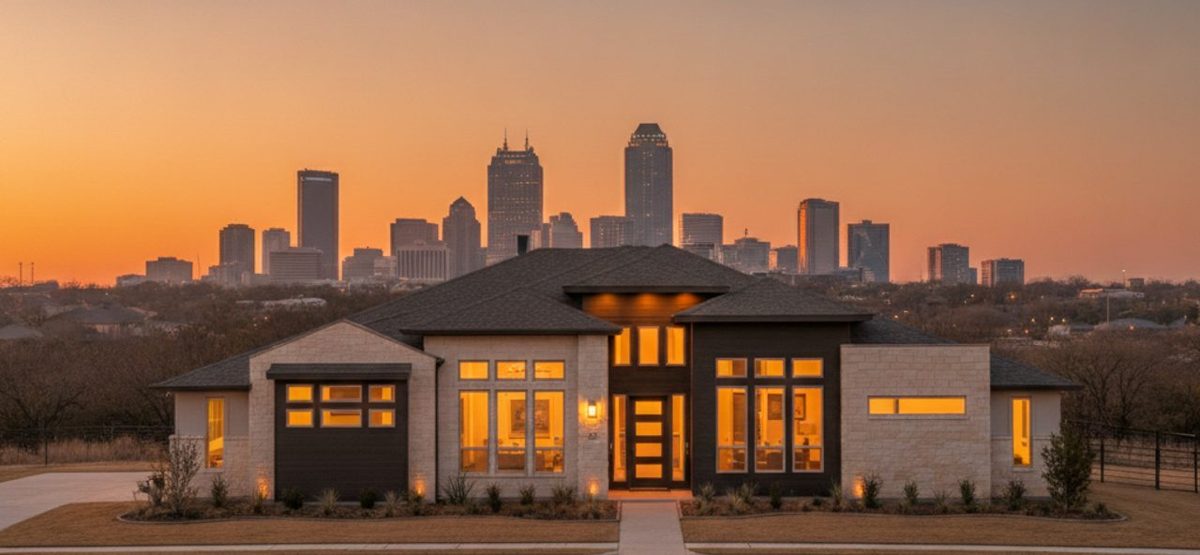 Modern fort worth home glowing at sunset with the downtown skyline behind it