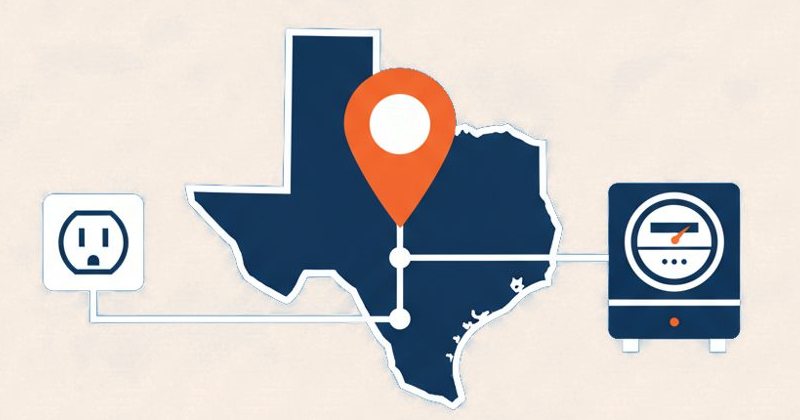 Illustration of texas with a location pin connecting a wall outlet and an electric meter