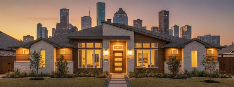 What are same day electricity plans in houston? A complete guide 2 Modern houston home glowing at dusk with the downtown skyline behind it