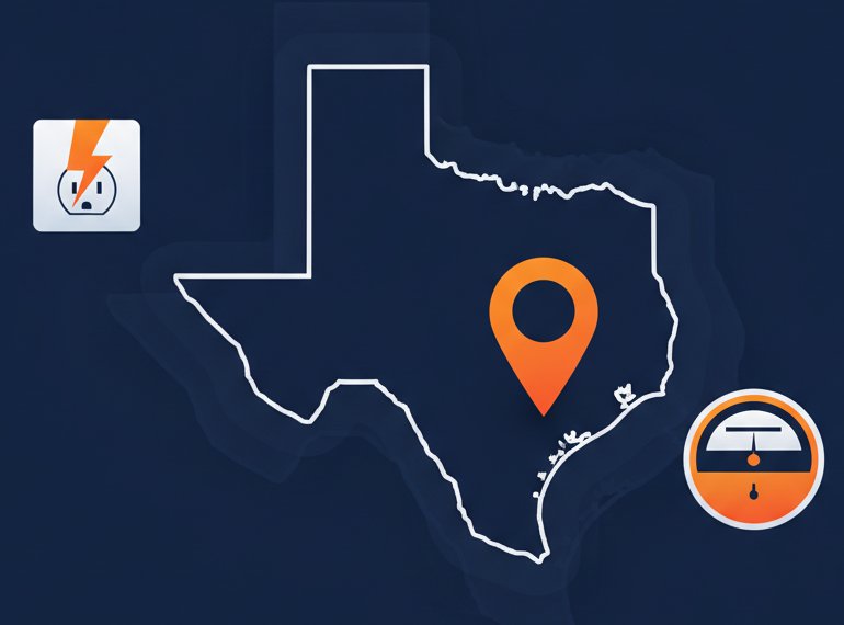 What are same day electricity plans in houston? A complete guide 3 Illustration of texas with a location pin near the gulf coast, a wall outlet and an electric meter