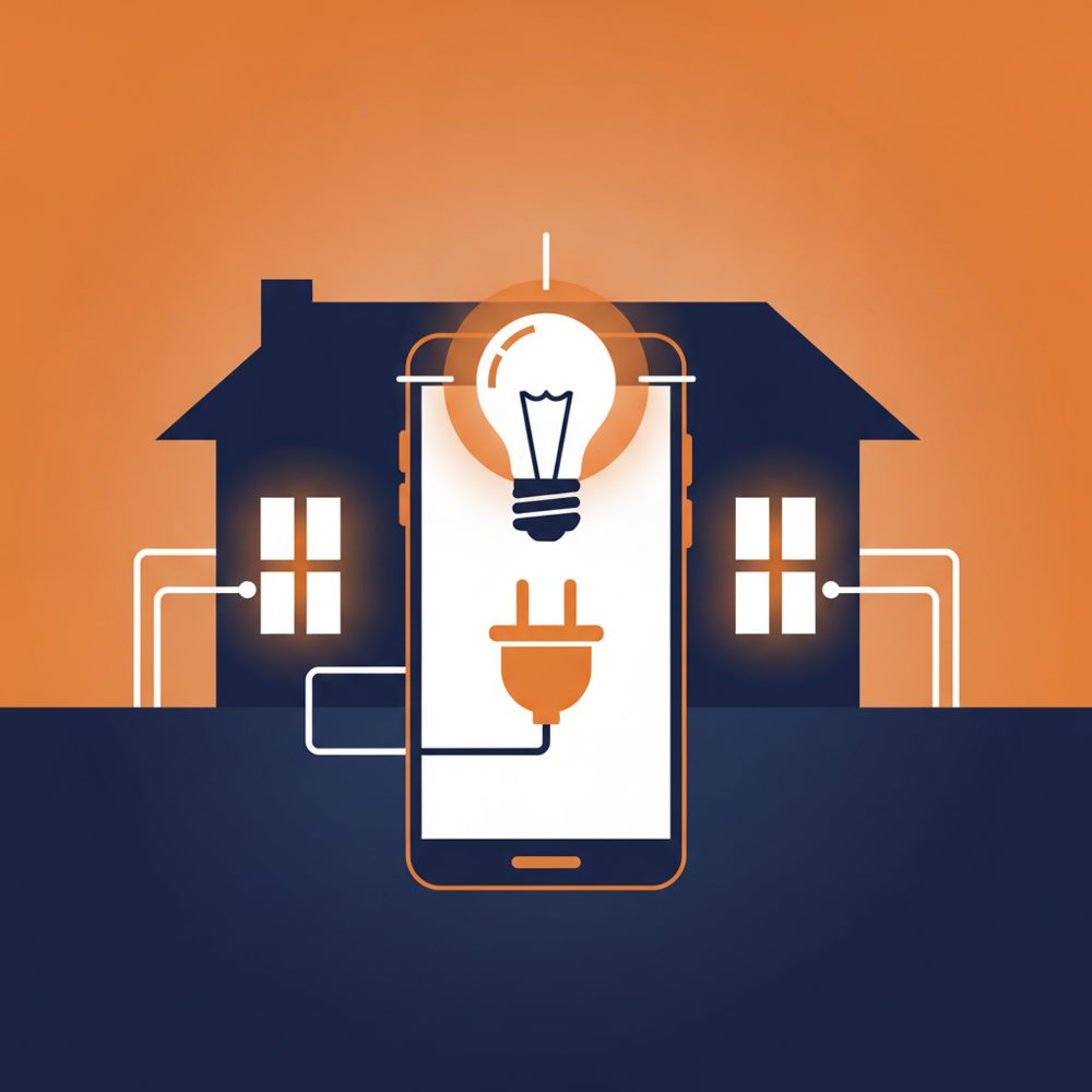 Illustration of a phone with a light bulb and power plug in front of a home with lit windows